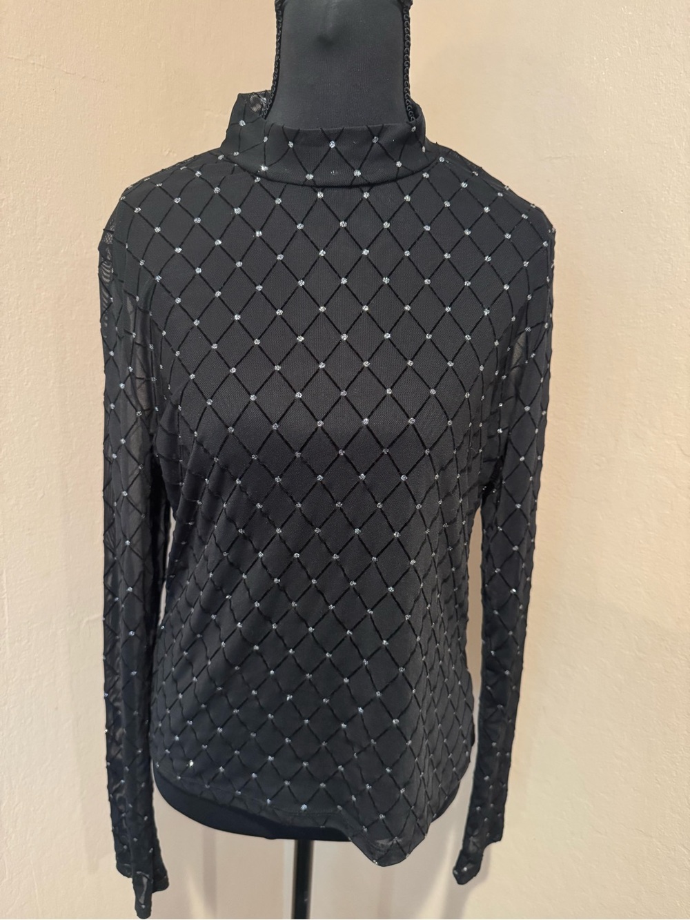 Talent Black Sheer Mesh Diamond Pattern Top with Silver Sparkle Accents